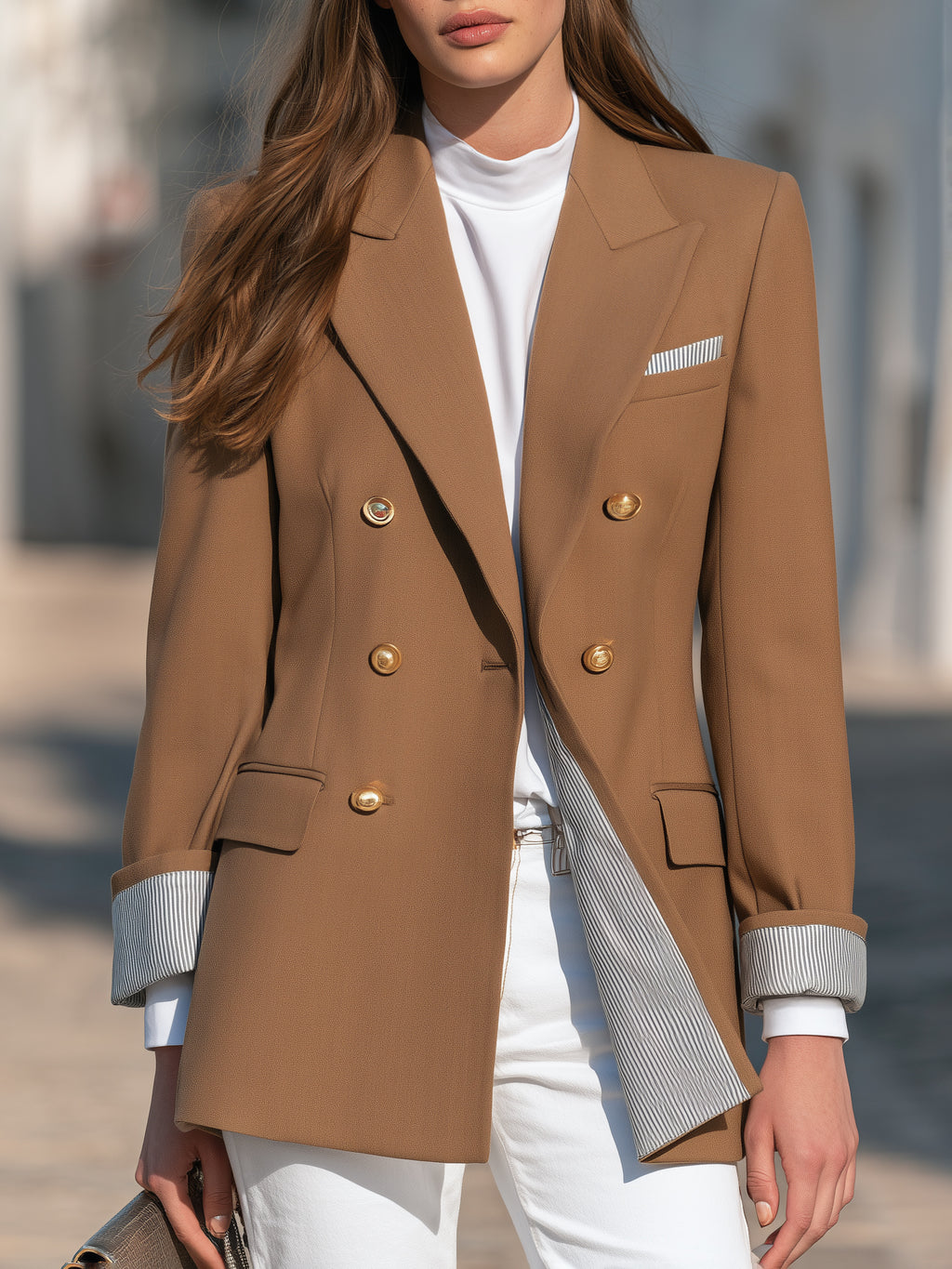 Old Money Caramel Brown Striped Lining Double Breasted Blazer