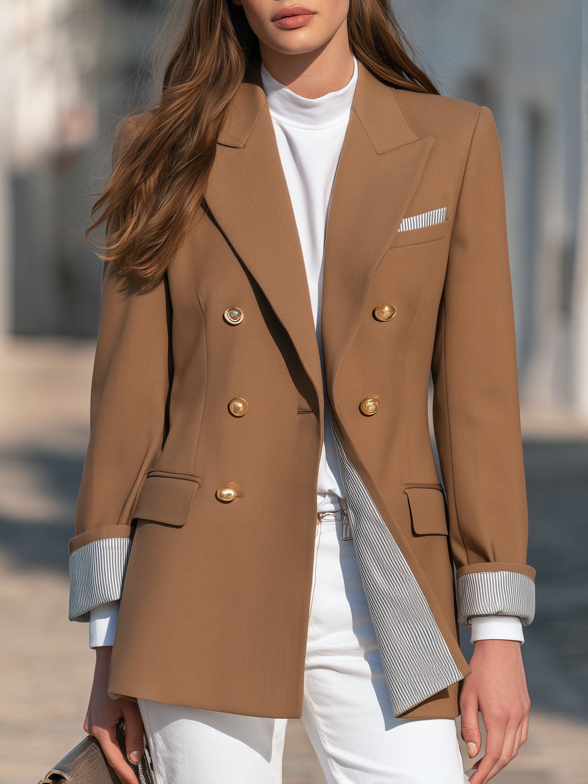 Old Money Caramel Brown Striped Lining Double Breasted Blazer