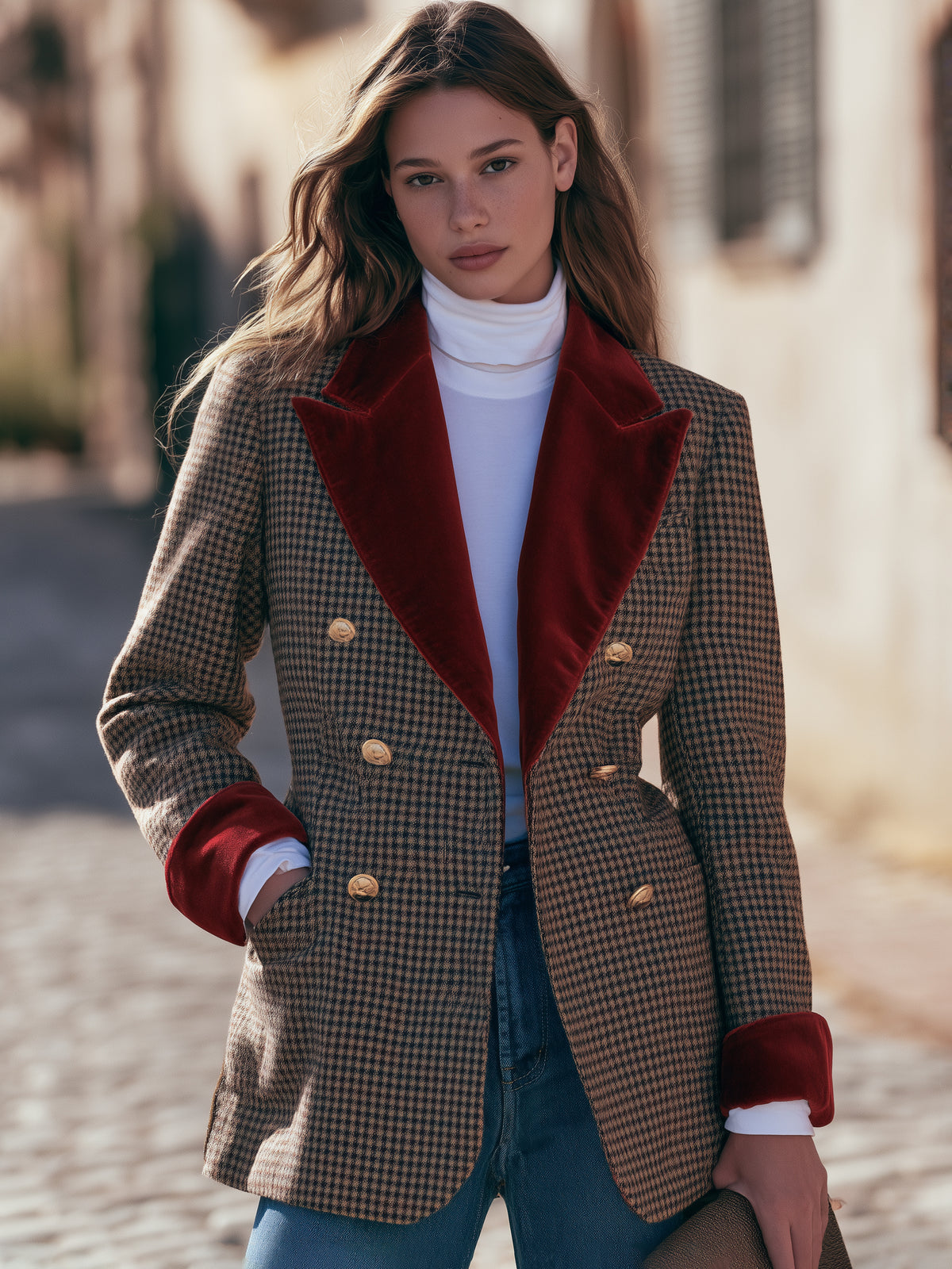Vintage Retro Brown Houndstooth Velvet Contrast Lapel Blazer