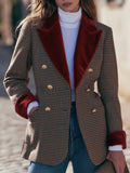 Vintage Retro Brown Houndstooth Velvet Contrast Lapel Blazer