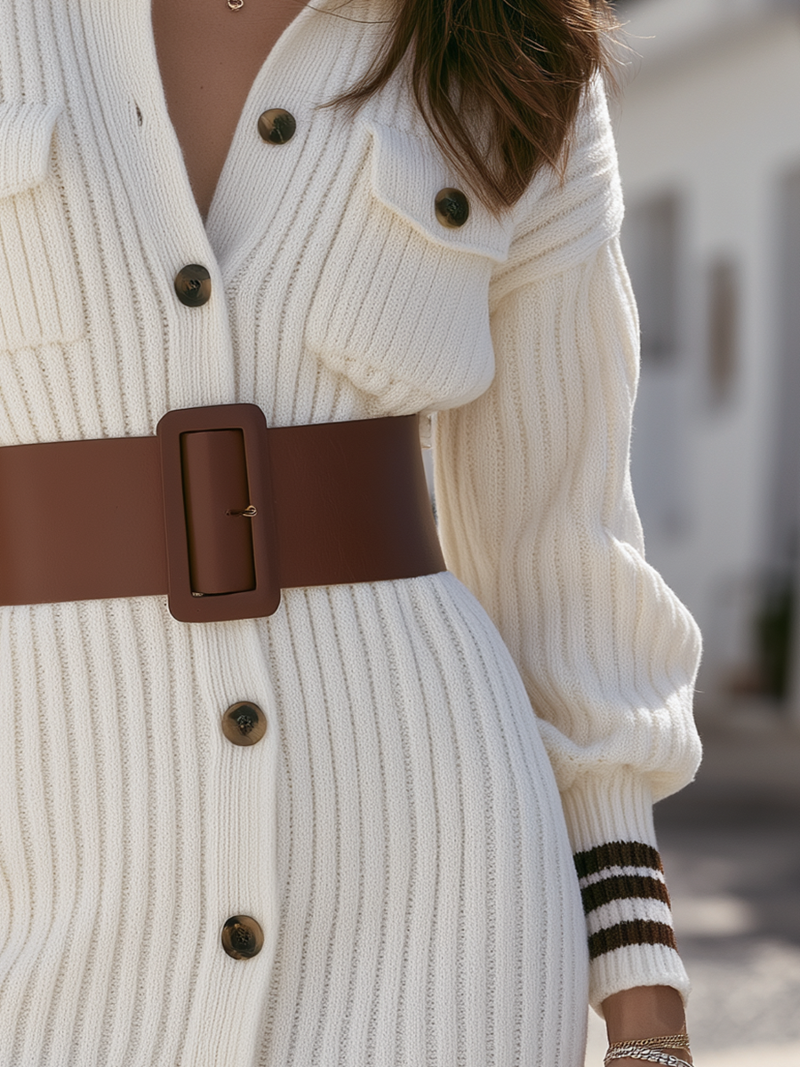 Cream Ribbed Knit Collared Button Front Contrast Stripe Belted Mini Dress