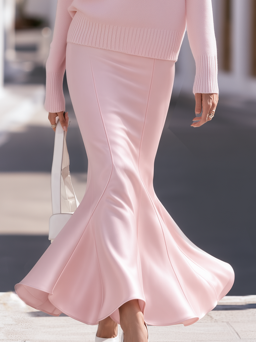 Blush Pink Feather Trim Off Shoulder Knit Top & Satin Mermaid Maxi Skirt Elegant Set