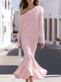 Blush Pink Feather Trim Off Shoulder Knit Top & Satin Mermaid Maxi Skirt Elegant Set