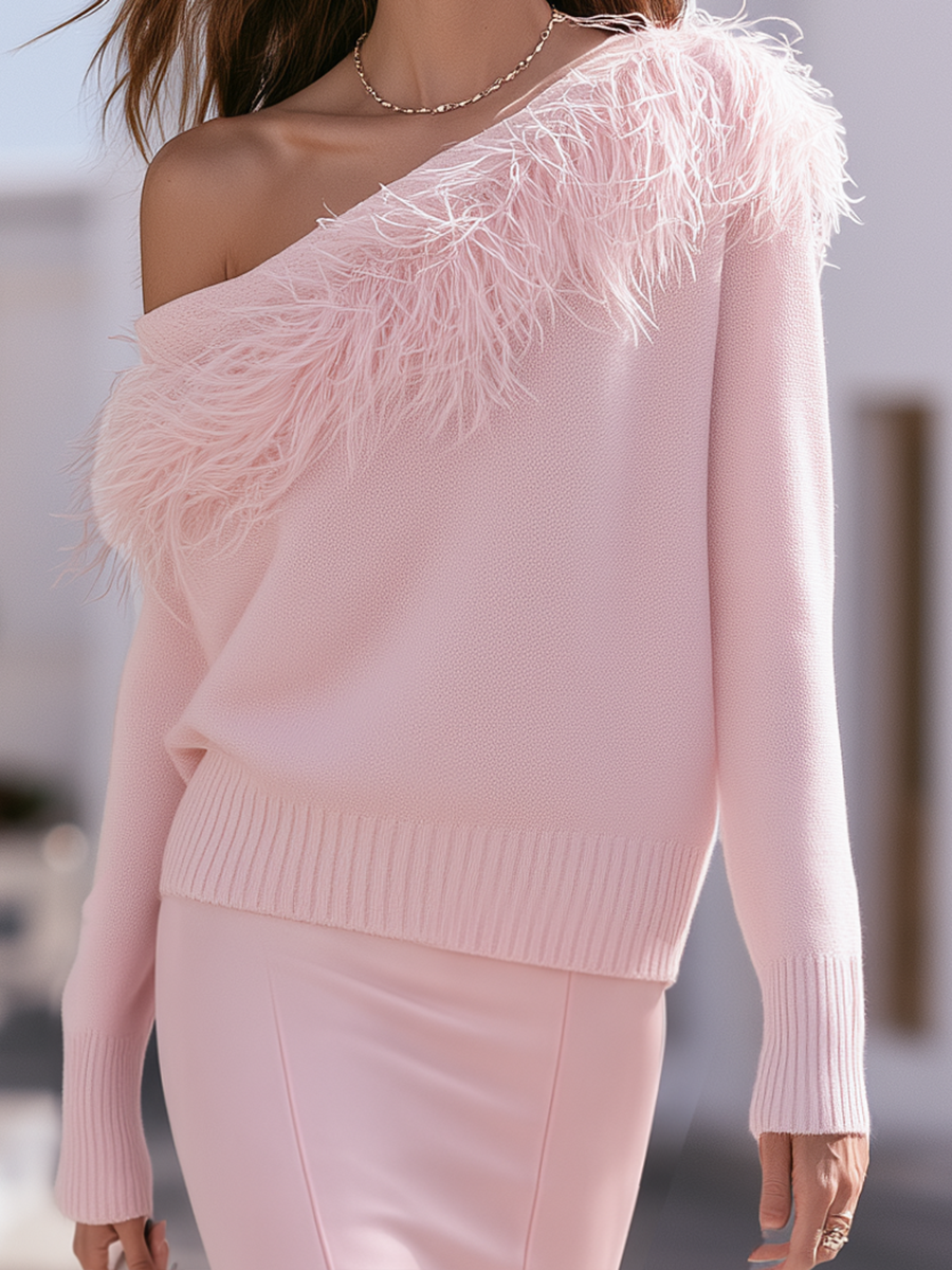 Blush Pink Feather Trim Off Shoulder Knit Top & Satin Mermaid Maxi Skirt Elegant Set