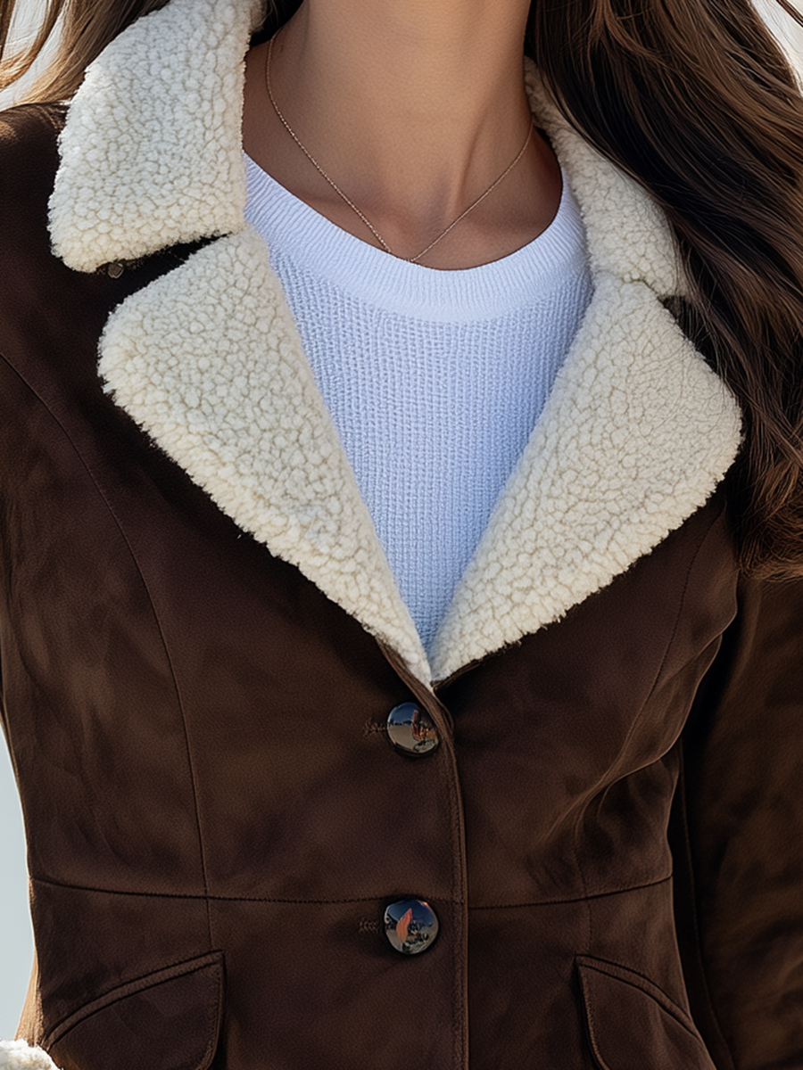 Old Money Brown Faux Suede Sherpa Lined Notch Lapel Tailored Jacket