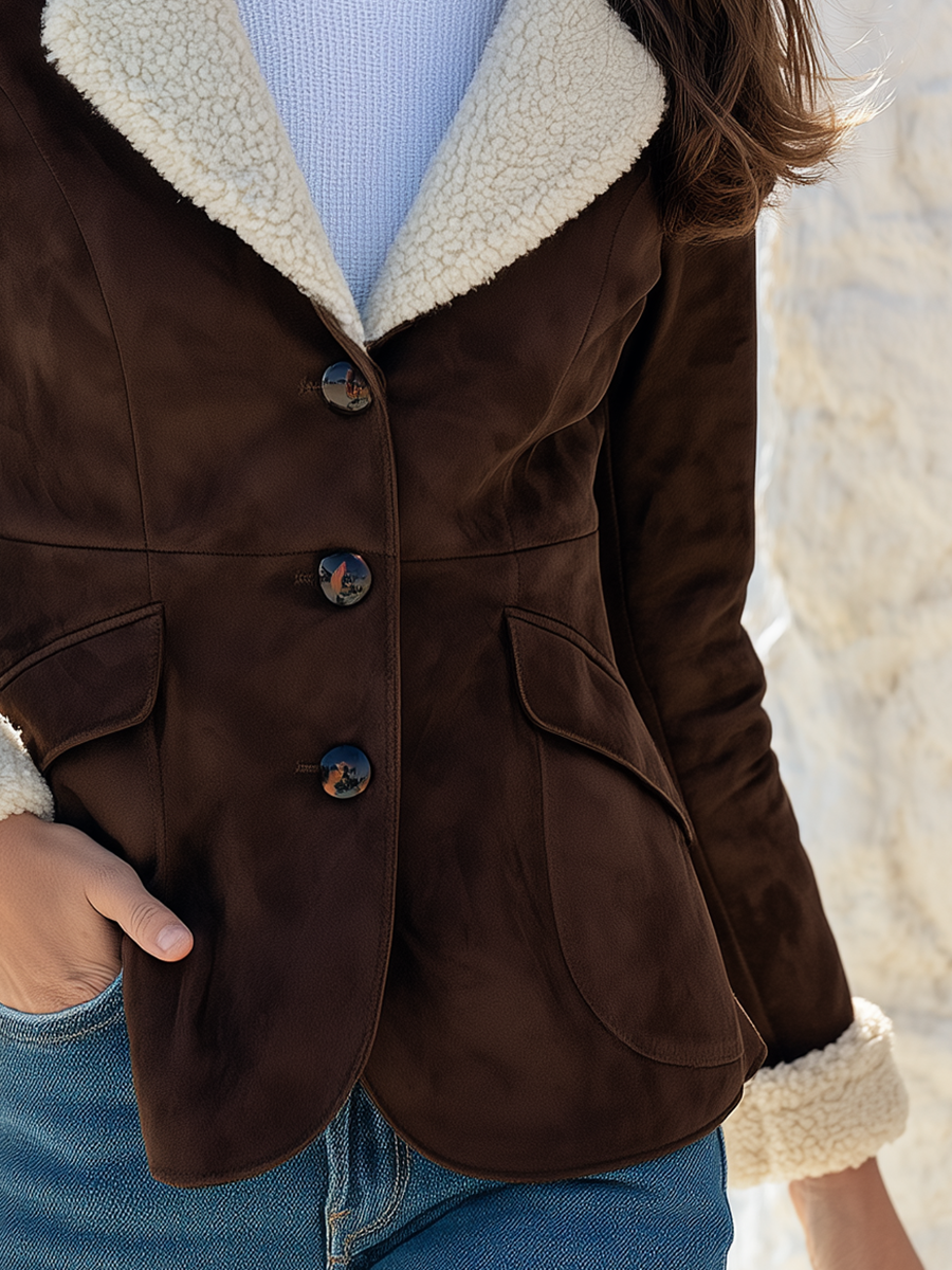 Old Money Brown Faux Suede Sherpa Lined Notch Lapel Tailored Jacket