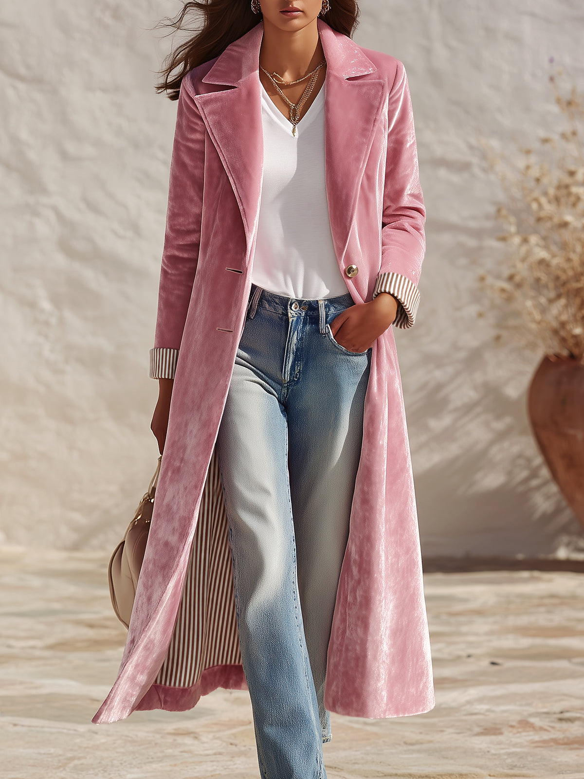 Retro Striped Lining Mid-length Velvet Coat