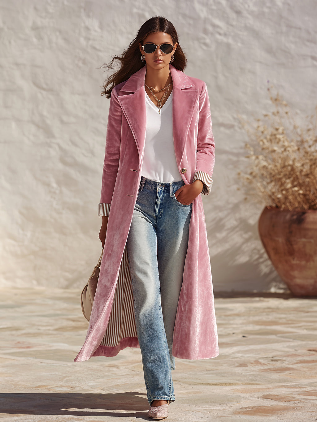 Retro Striped Lining Mid-length Velvet Coat