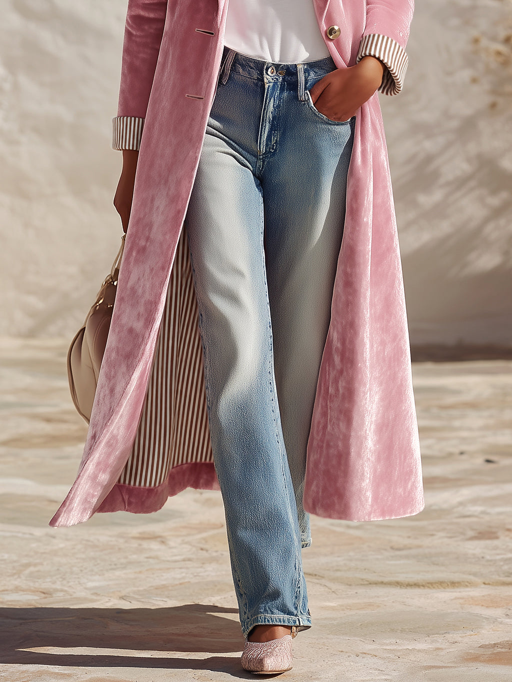 Retro Striped Lining Mid-length Velvet Coat