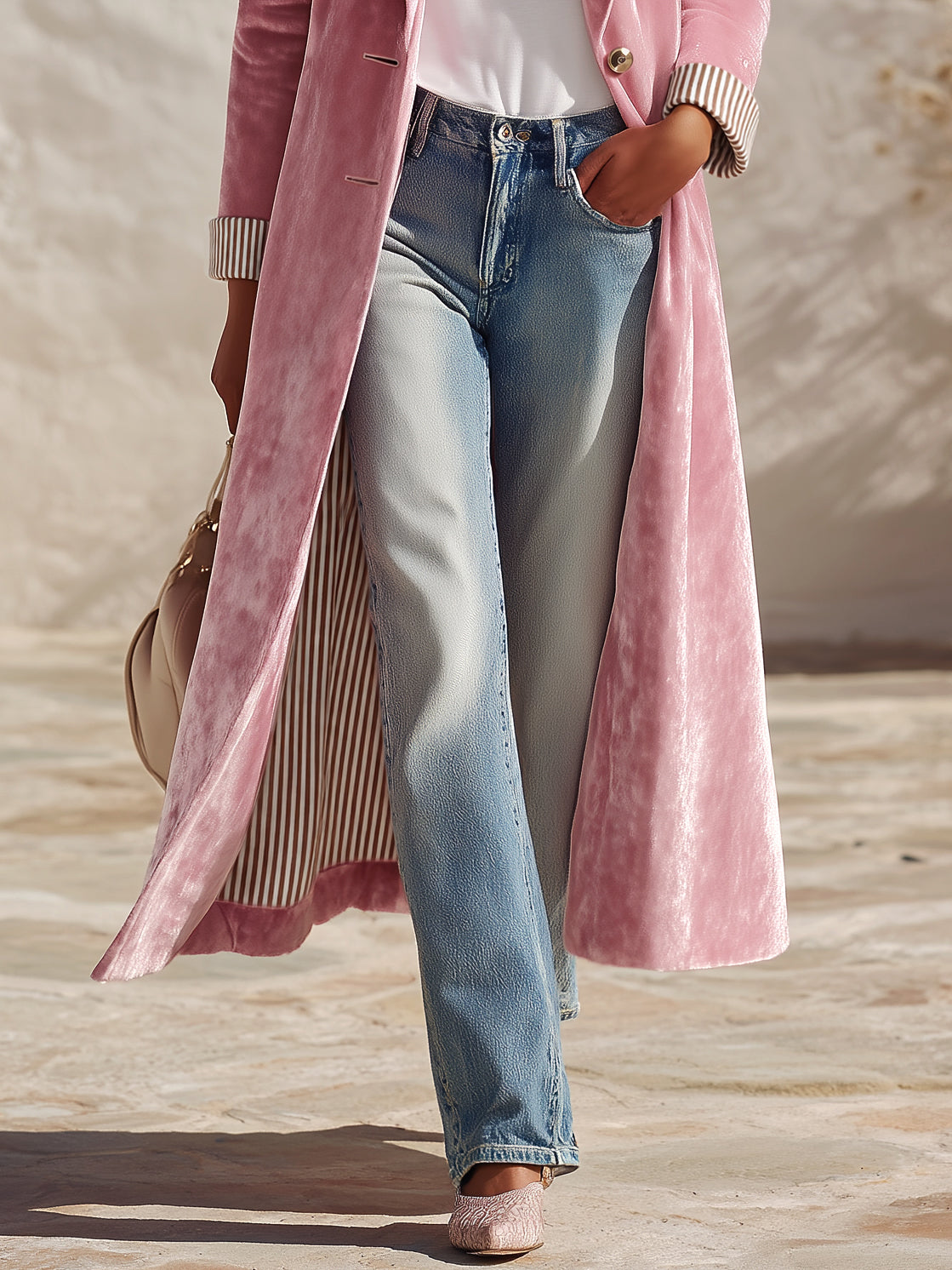 Retro Striped Lining Mid-length Velvet Coat