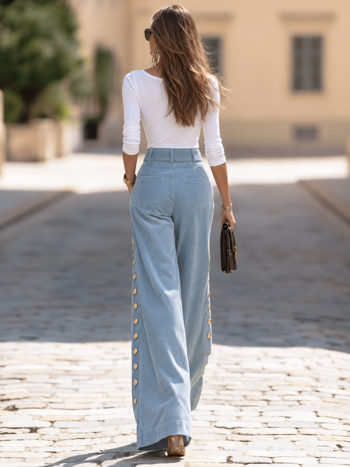 Resort-style Wide-belted Solid Color Trousers