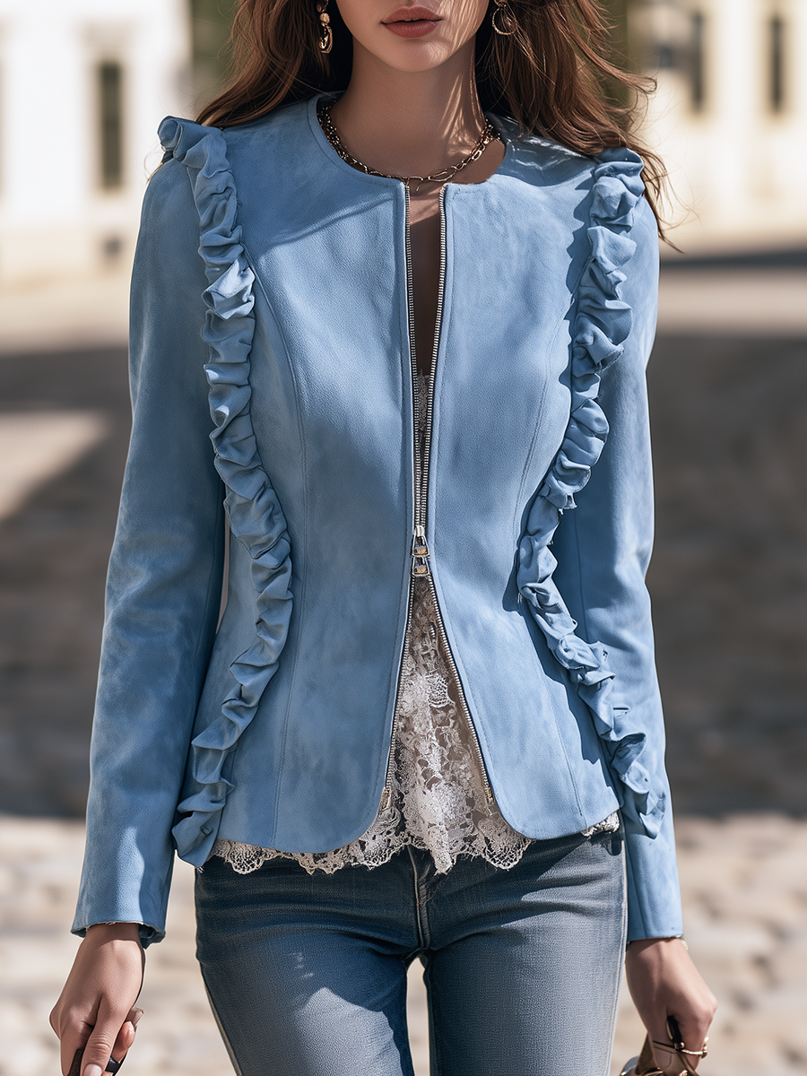 Resort-style Round Neck Vertical Ruffle Long-sleeved Solid Color Jacket