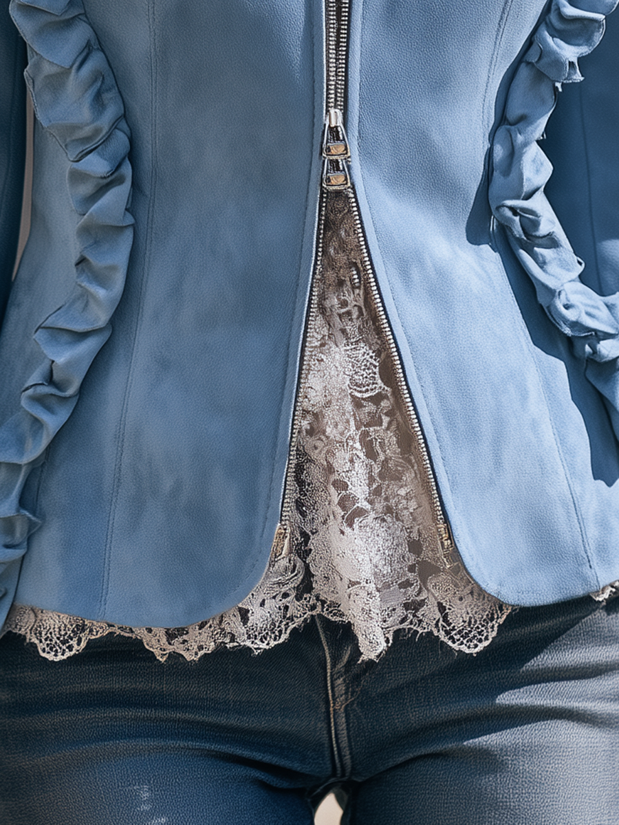 Resort-style Round Neck Vertical Ruffle Long-sleeved Solid Color Jacket