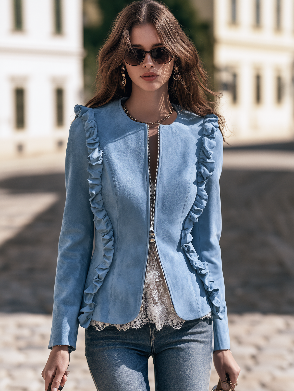 Resort-style Round Neck Vertical Ruffle Long-sleeved Solid Color Jacket