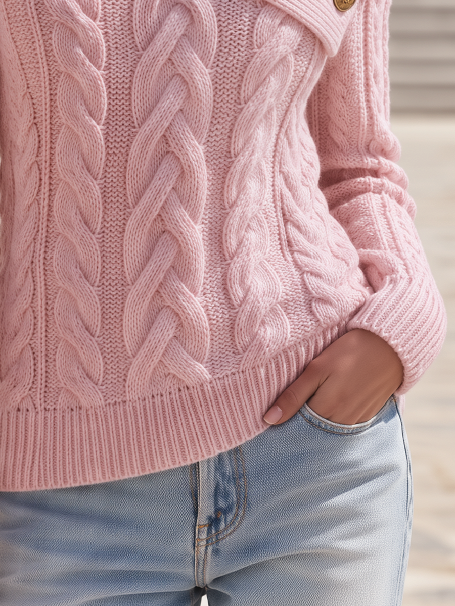 Resort-style One-shoulder Button-detail Long-sleeve Cable-knit Sweater