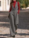 Vacation-style V-neck Sleeveless Houndstooth Jumpsuit