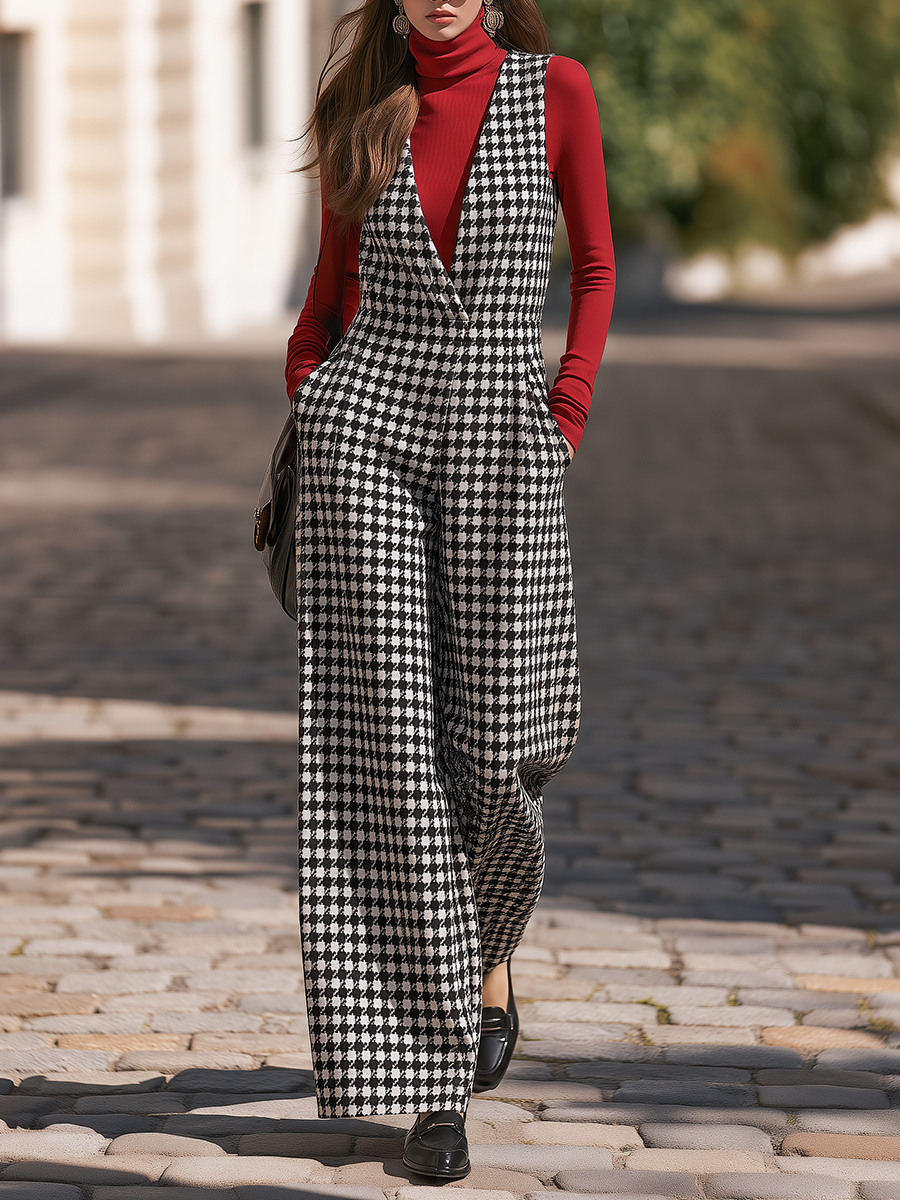 Vacation-style V-neck Sleeveless Houndstooth Jumpsuit