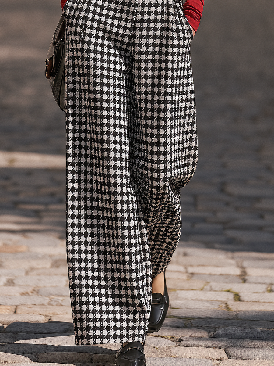 Vacation-style V-neck Sleeveless Houndstooth Jumpsuit