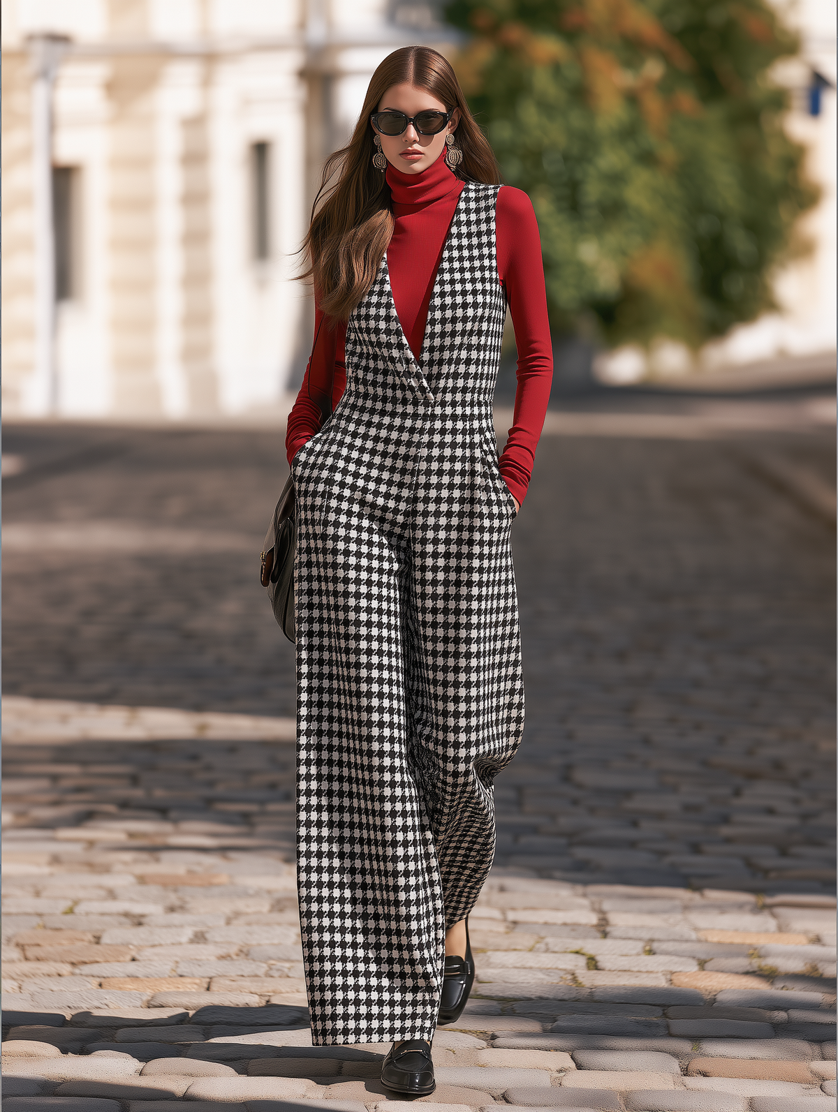 Vacation-style V-neck Sleeveless Houndstooth Jumpsuit