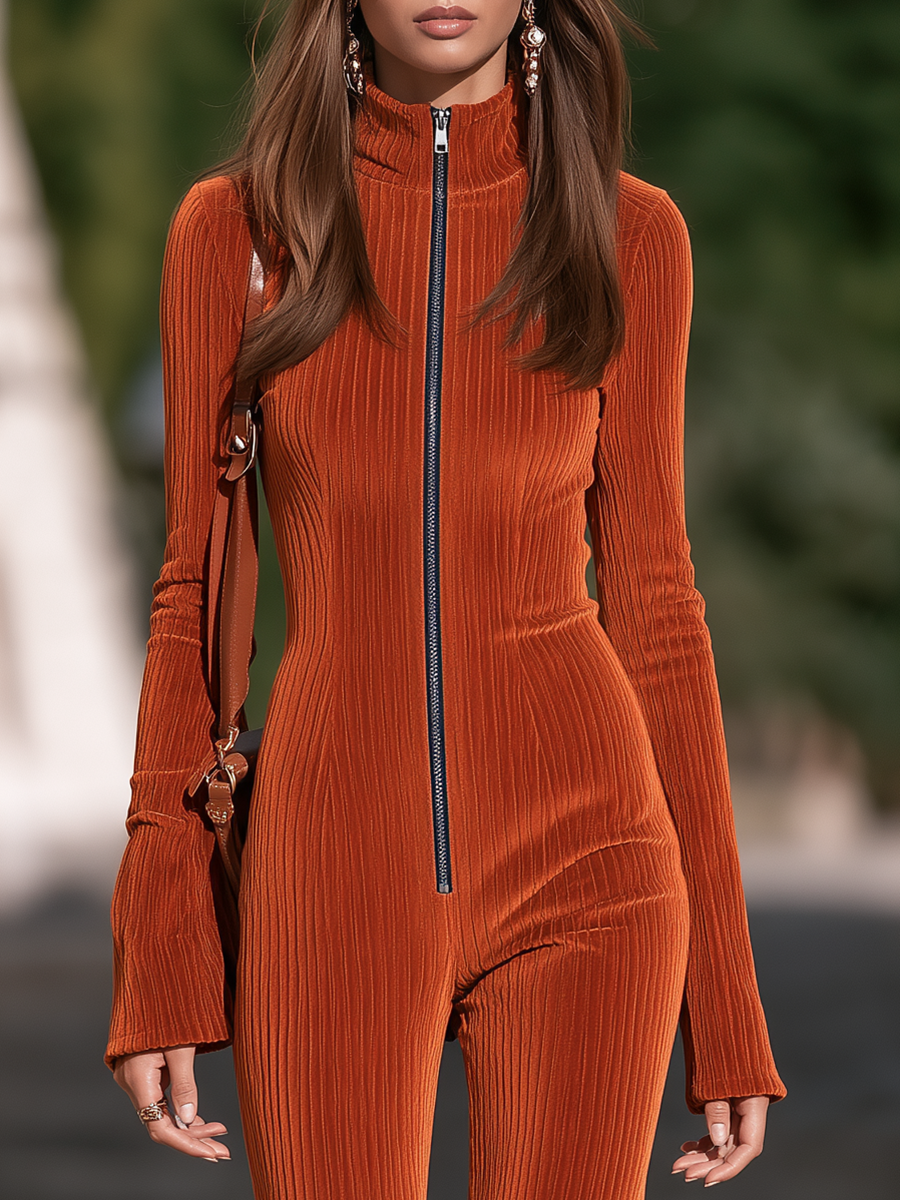 Resort-style Stand-up Collar Zip-up Long-sleeved Tassel Jumpsuit