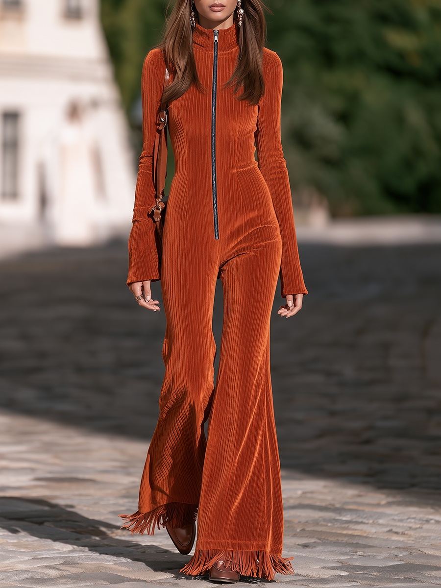 Resort-style Stand-up Collar Zip-up Long-sleeved Tassel Jumpsuit