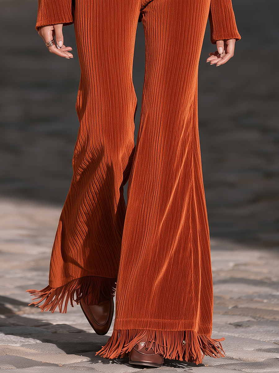 Resort-style Stand-up Collar Zip-up Long-sleeved Tassel Jumpsuit