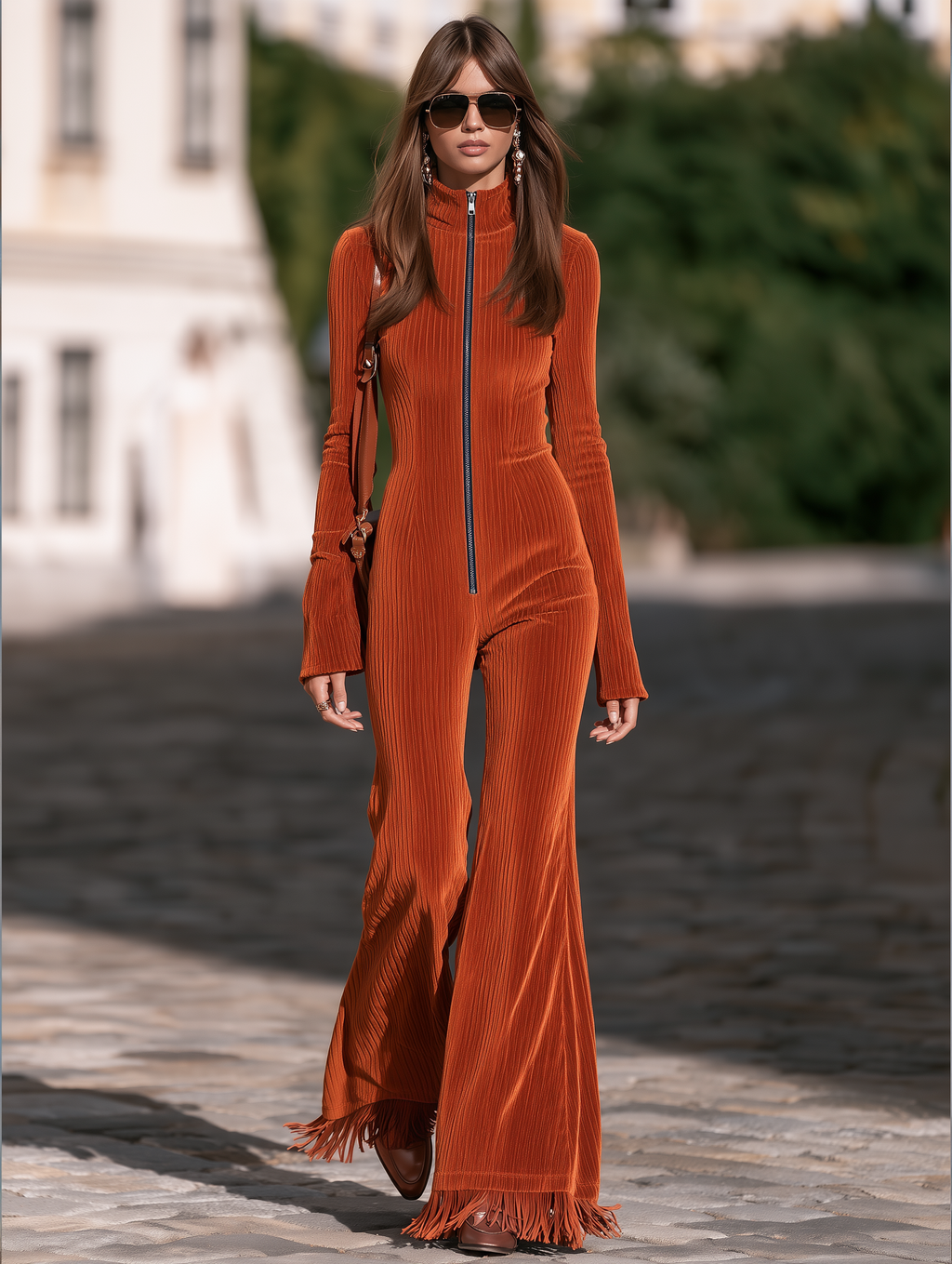Resort-style Stand-up Collar Zip-up Long-sleeved Tassel Jumpsuit