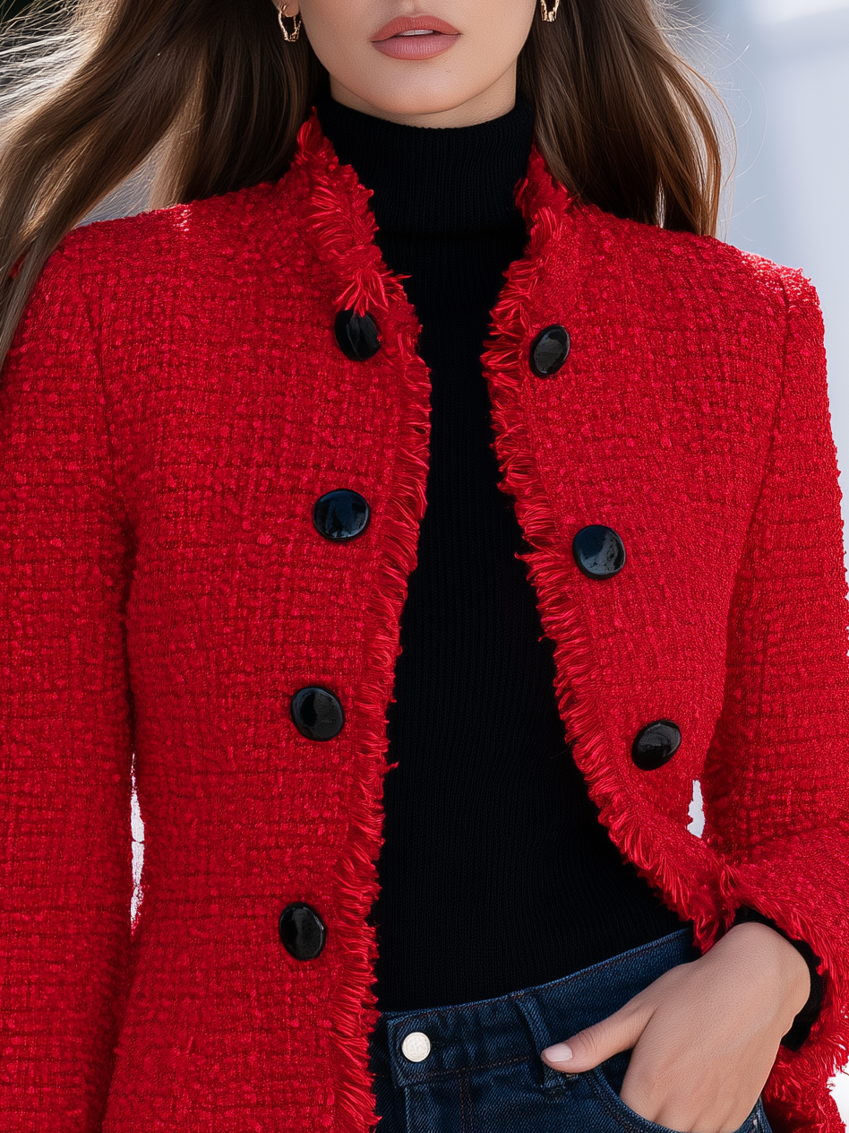 Fringe Trim Red Tweed Stand Collar Jacket
