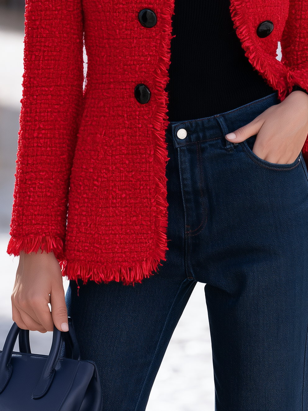 Fringe Trim Red Tweed Stand Collar Jacket