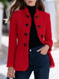 Fringe Trim Red Tweed Stand Collar Jacket