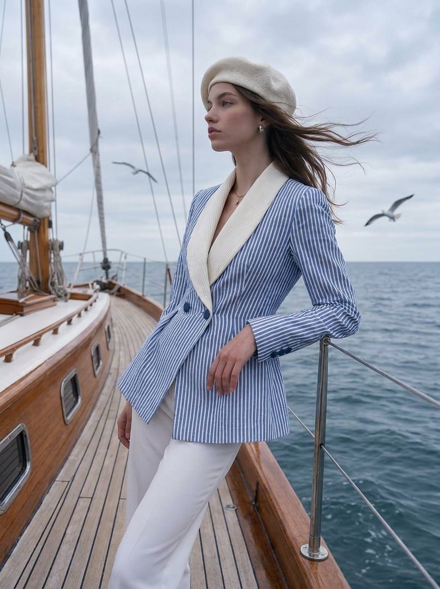 Riviera Nautical Blue White Stripe Corduroy Lapel Peplum Jacket