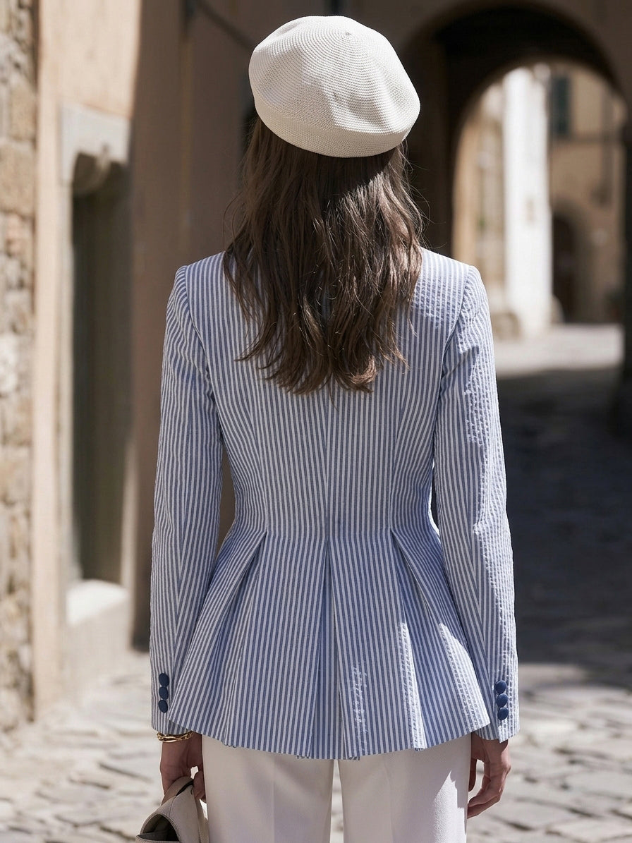 Riviera Nautical Blue White Stripe Corduroy Lapel Peplum Jacket