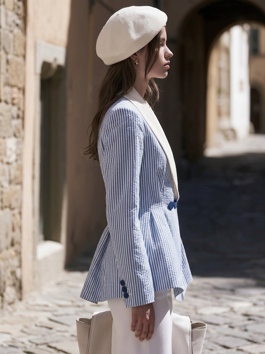 Riviera Nautical Blue White Stripe Corduroy Lapel Peplum Jacket