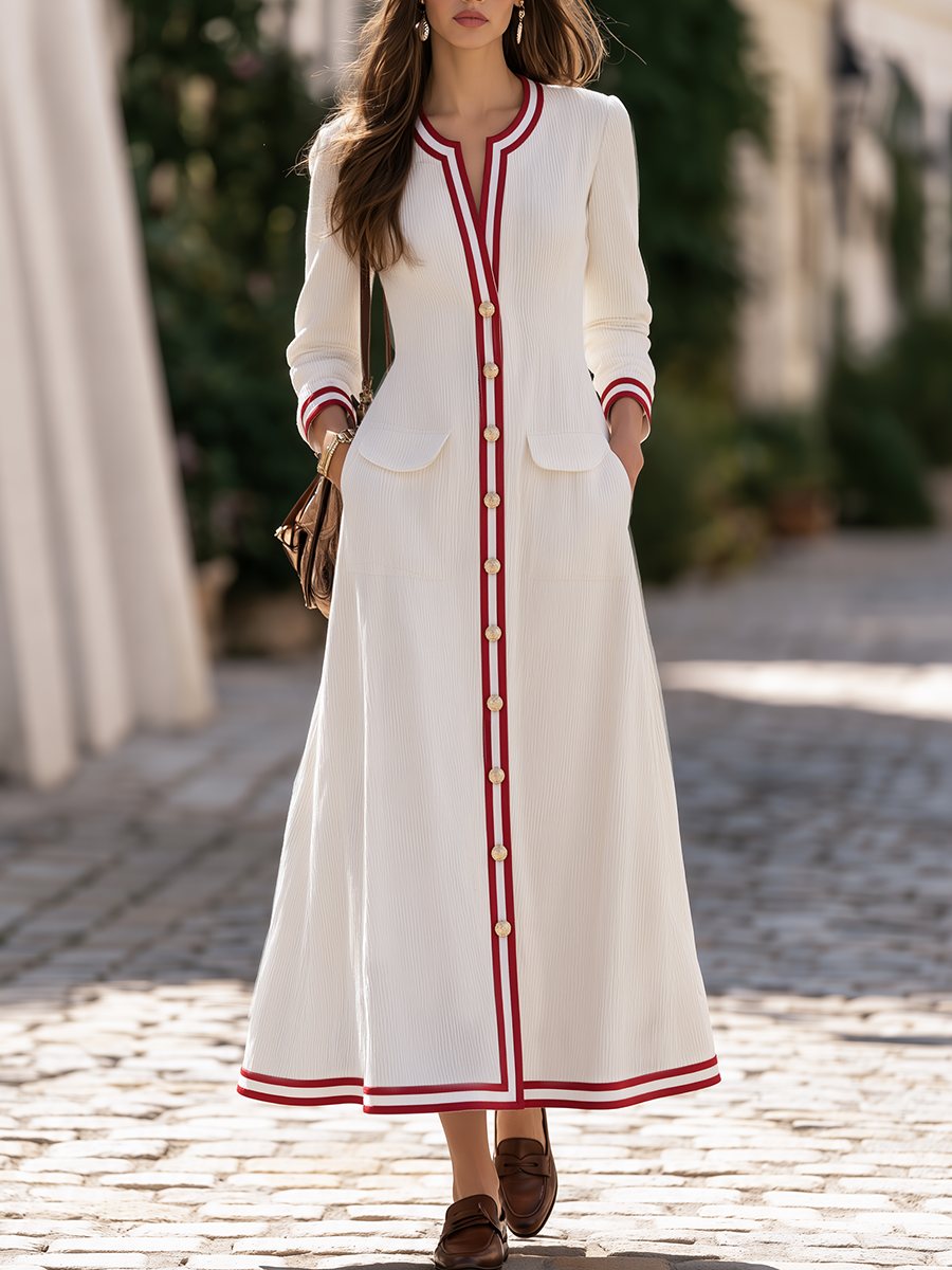 Resort-style Long-sleeved Round Neck Striped Corduroy Maxi Dress