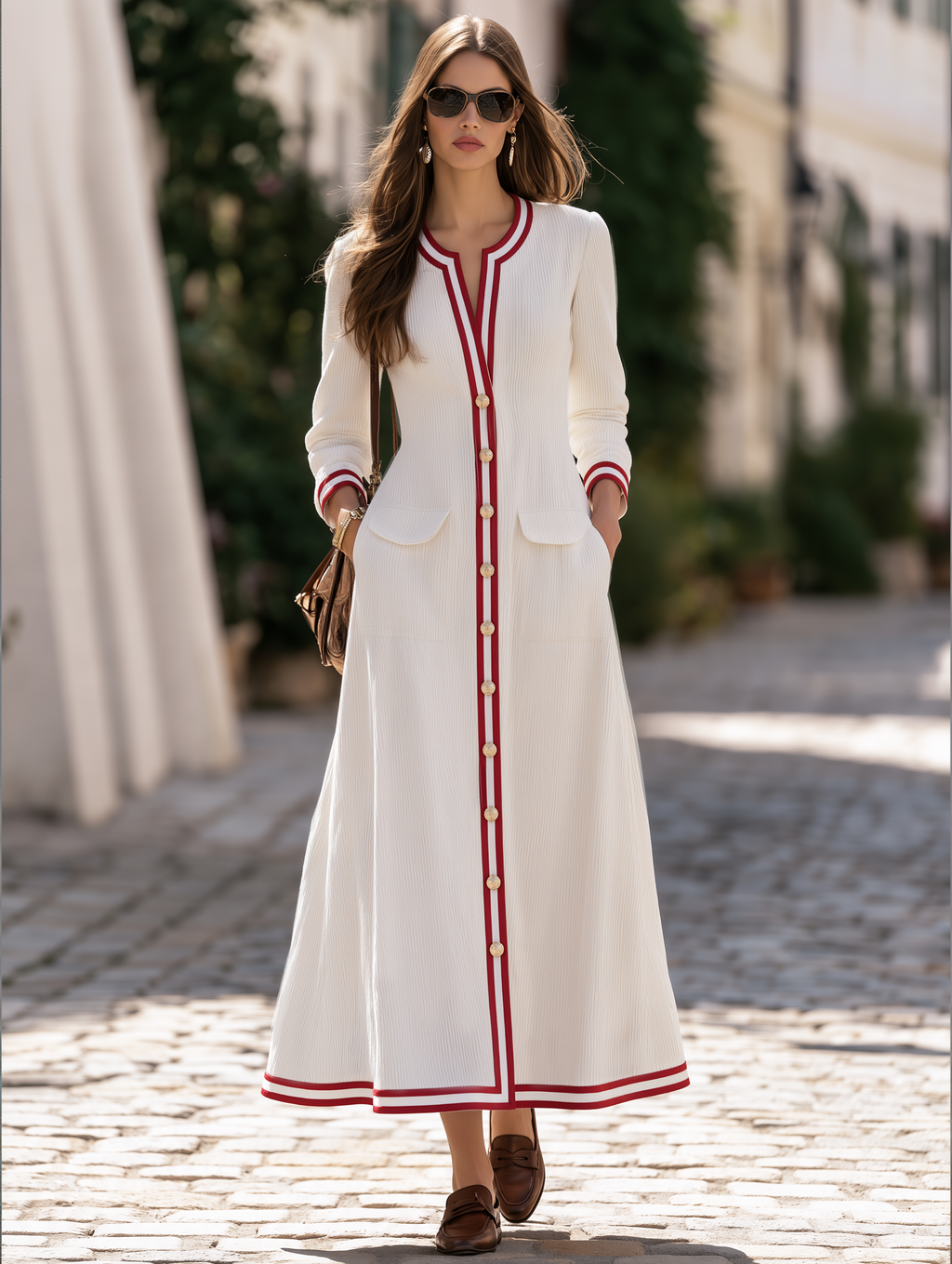 Resort-style Long-sleeved Round Neck Striped Corduroy Maxi Dress
