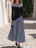Resort-style Off-shoulder Long-sleeved Striped Maxi Dress