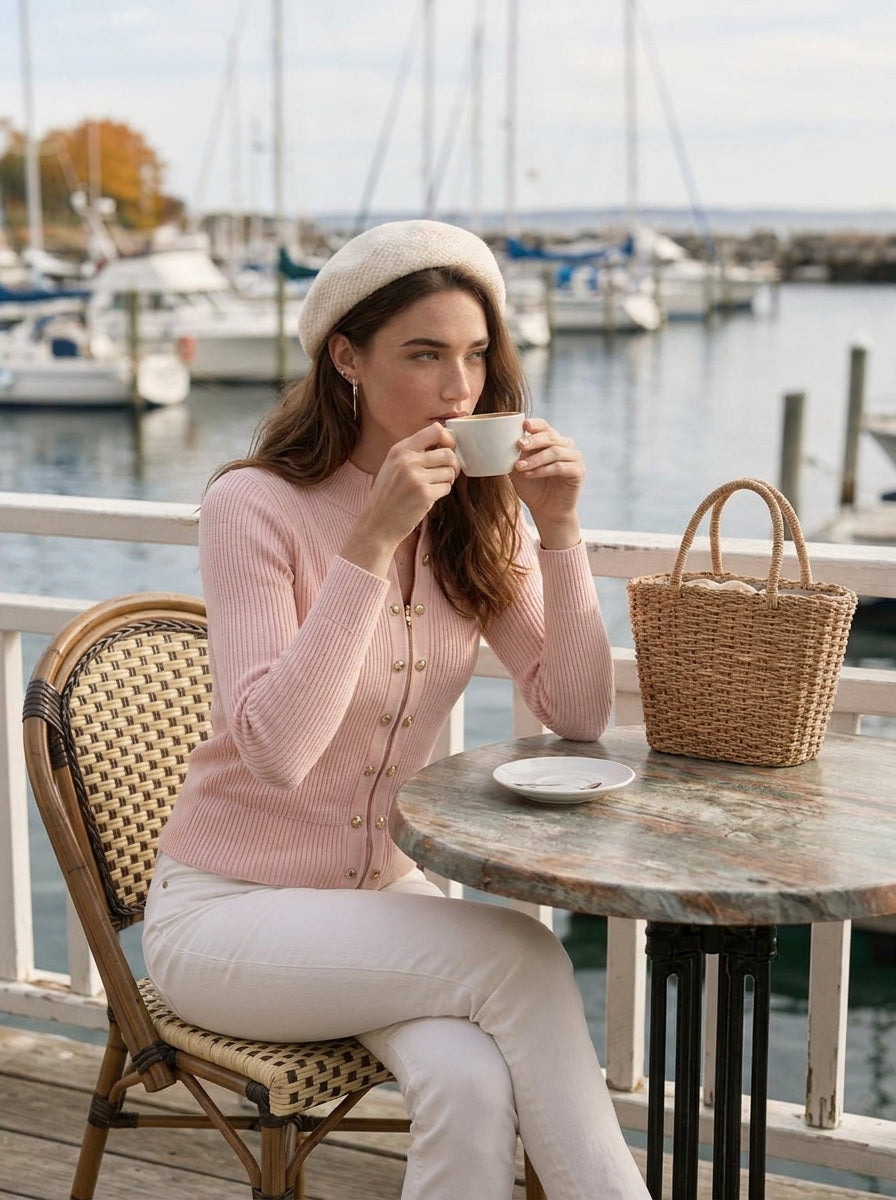 Riviera Nautical Soft Pink Zip Front Rib Knit Stand Collar Top