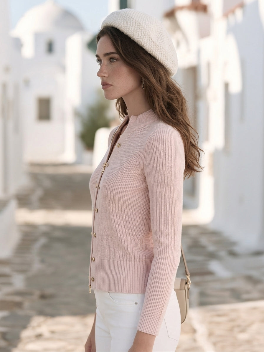 Riviera Nautical Soft Pink Zip Front Rib Knit Stand Collar Top
