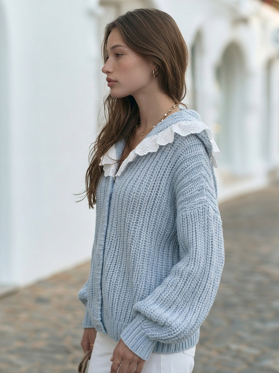Cottage Riviera Light Blue Chunky Knit Eyelet Ruffle Collar Cardigan