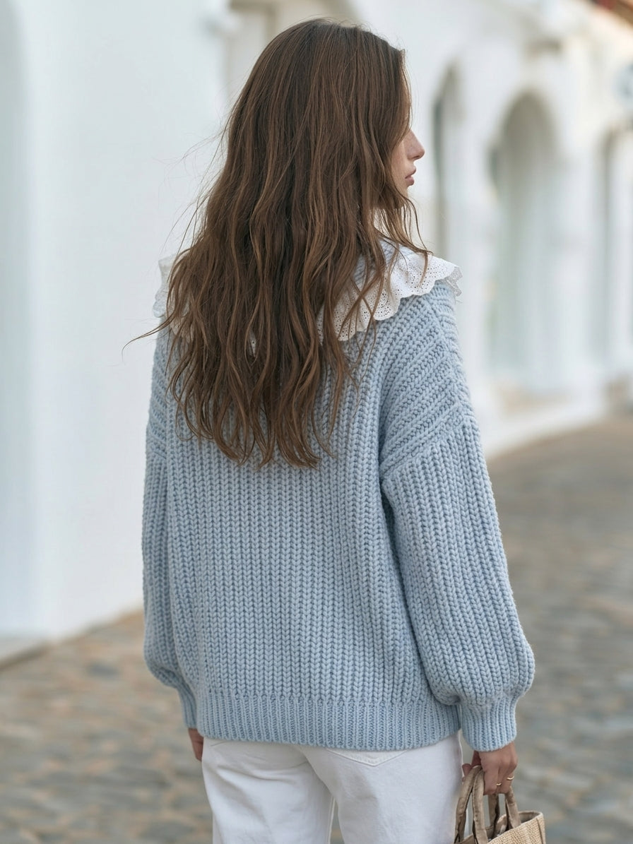 Cottage Riviera Light Blue Chunky Knit Eyelet Ruffle Collar Cardigan