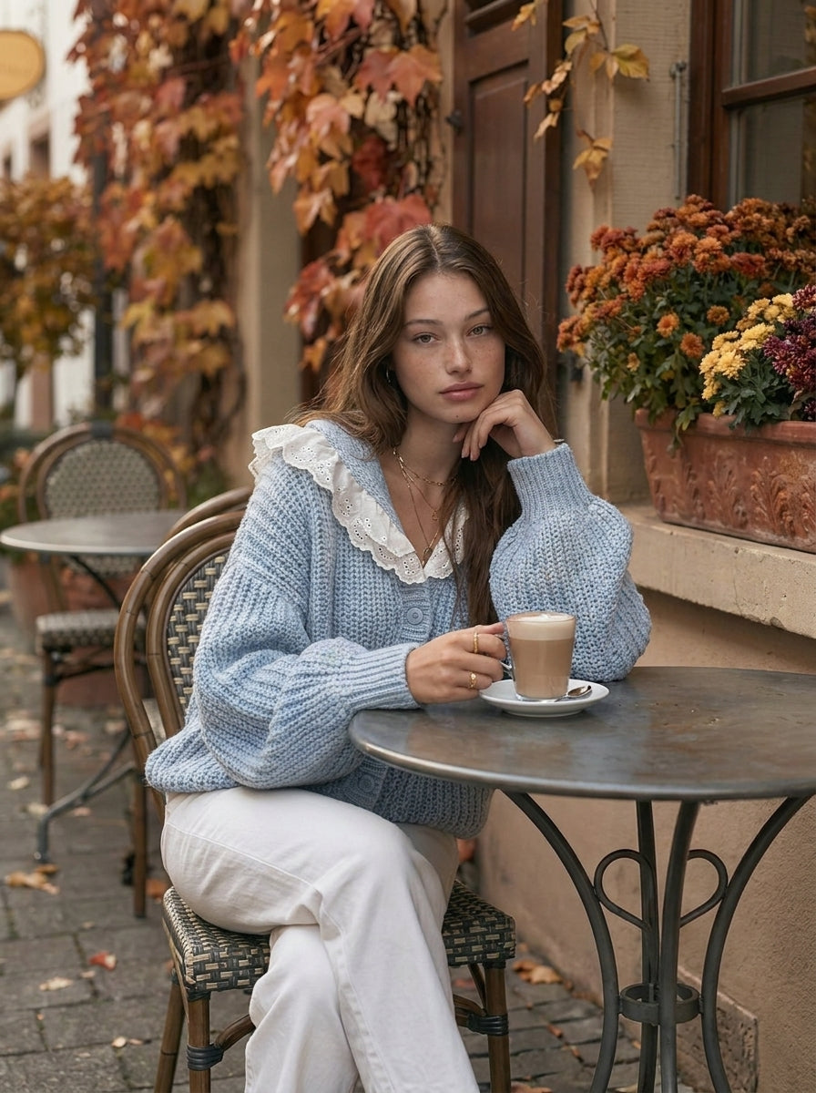 Cottage Riviera Light Blue Chunky Knit Eyelet Ruffle Collar Cardigan
