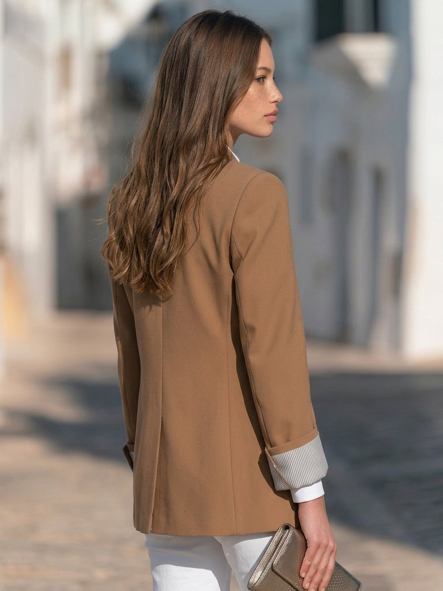 Old Money Caramel Brown Striped Lining Double Breasted Blazer