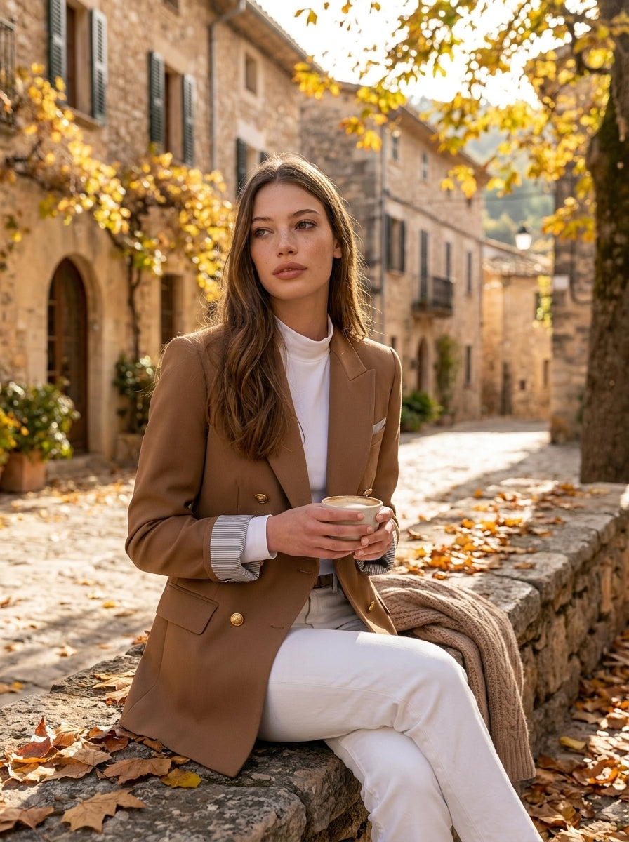 Old Money Caramel Brown Striped Lining Double Breasted Blazer