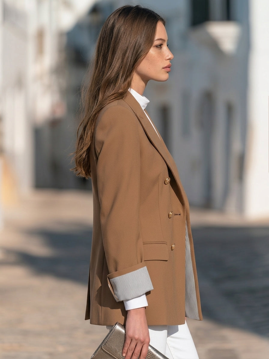 Old Money Caramel Brown Striped Lining Double Breasted Blazer