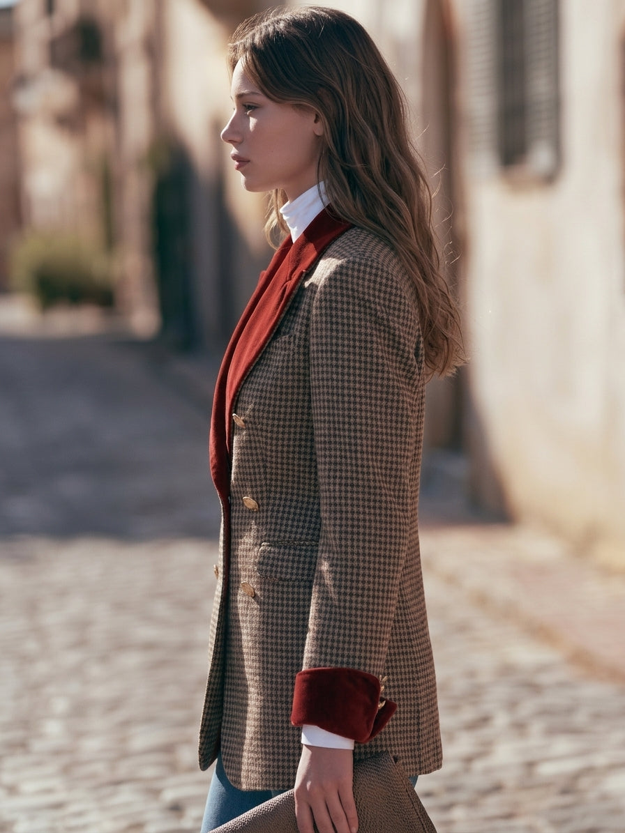 Vintage Retro Brown Houndstooth Velvet Contrast Lapel Blazer