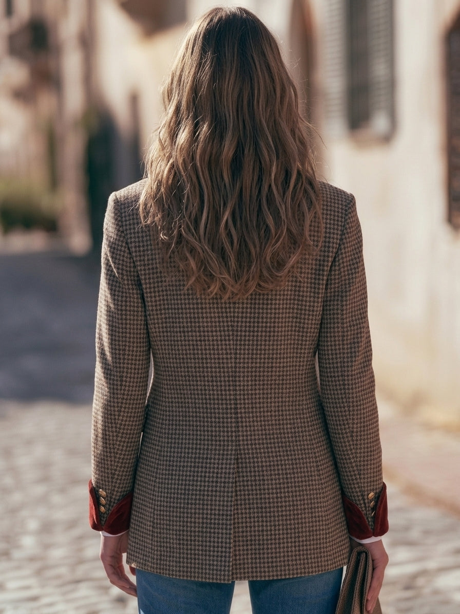 Vintage Retro Brown Houndstooth Velvet Contrast Lapel Blazer