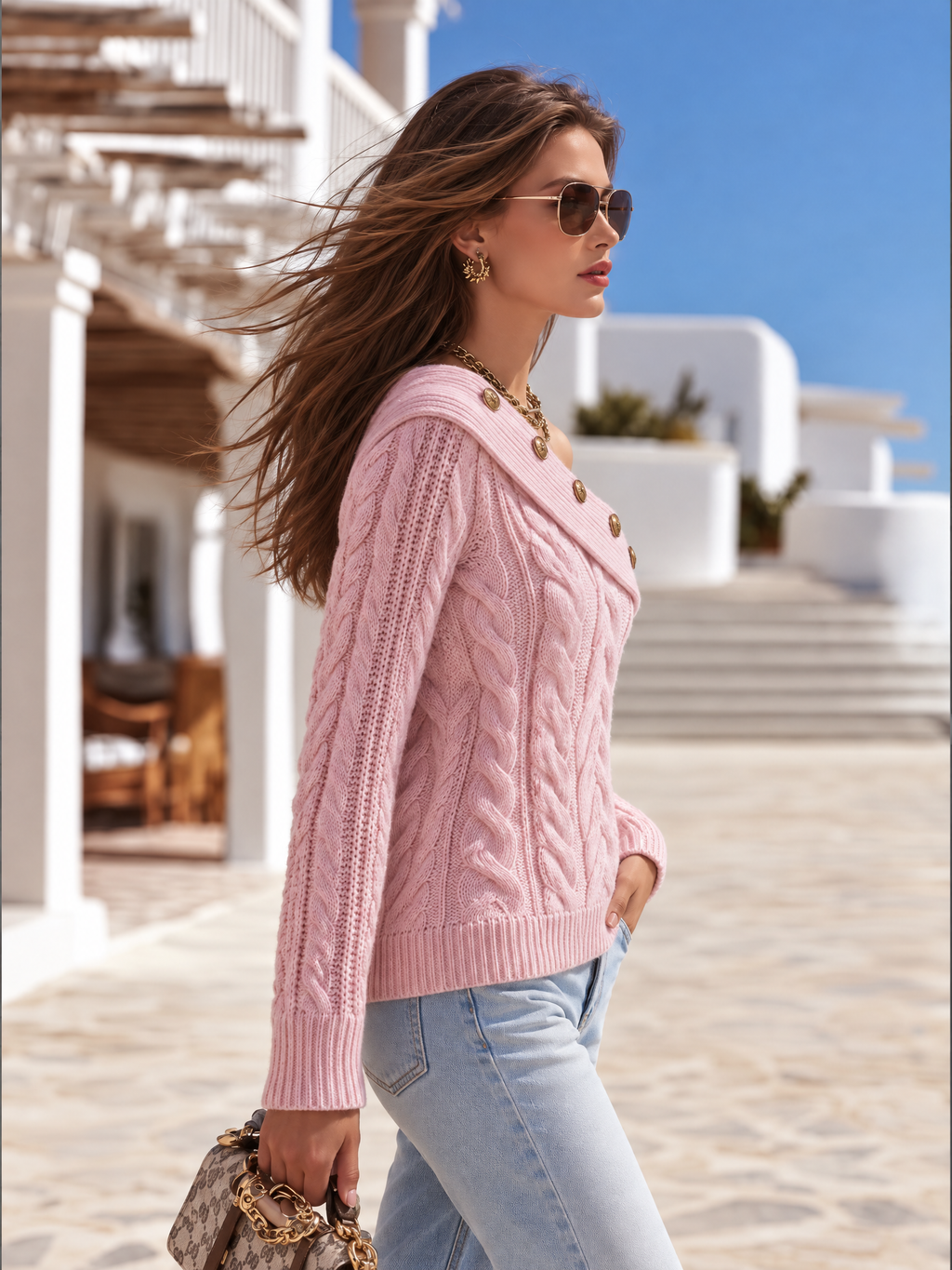 Resort-style One-shoulder Button-detail Long-sleeve Cable-knit Sweater