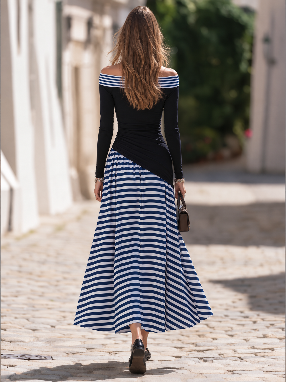 Resort-style Off-shoulder Long-sleeved Striped Maxi Dress