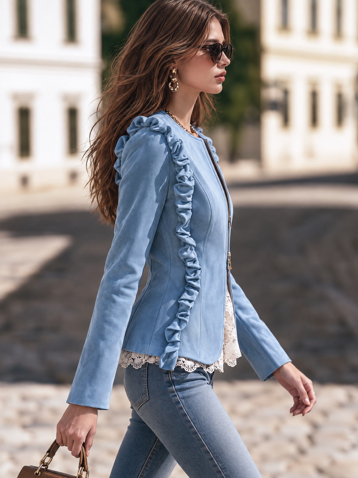 Resort-style Round Neck Vertical Ruffle Long-sleeved Solid Color Jacket