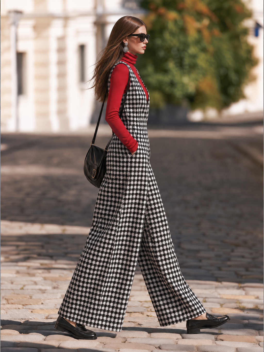 Vacation-style V-neck Sleeveless Houndstooth Jumpsuit
